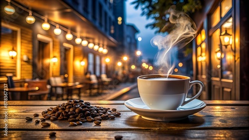 Coffee cup and coffee beans on a table with a blurred background of a city street at night photo