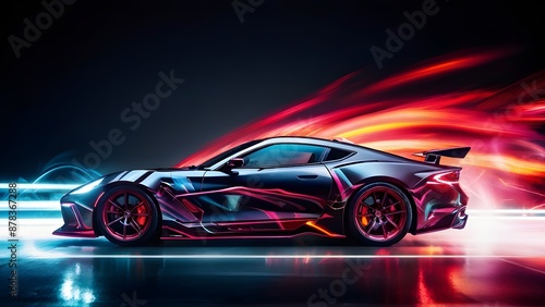 Sleek futuristic sports car in neon lights against dark background with motion blur. Generative AI