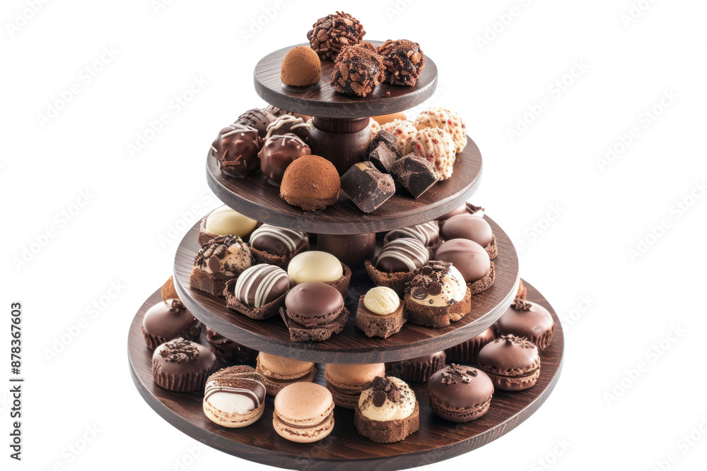 Neatly arranged chocolate desserts and macarons are displayed on separate tiered shelves against a white background. Neatly arranged chocolate desserts and macarons are displayed on separate tiered shelves against a white background.