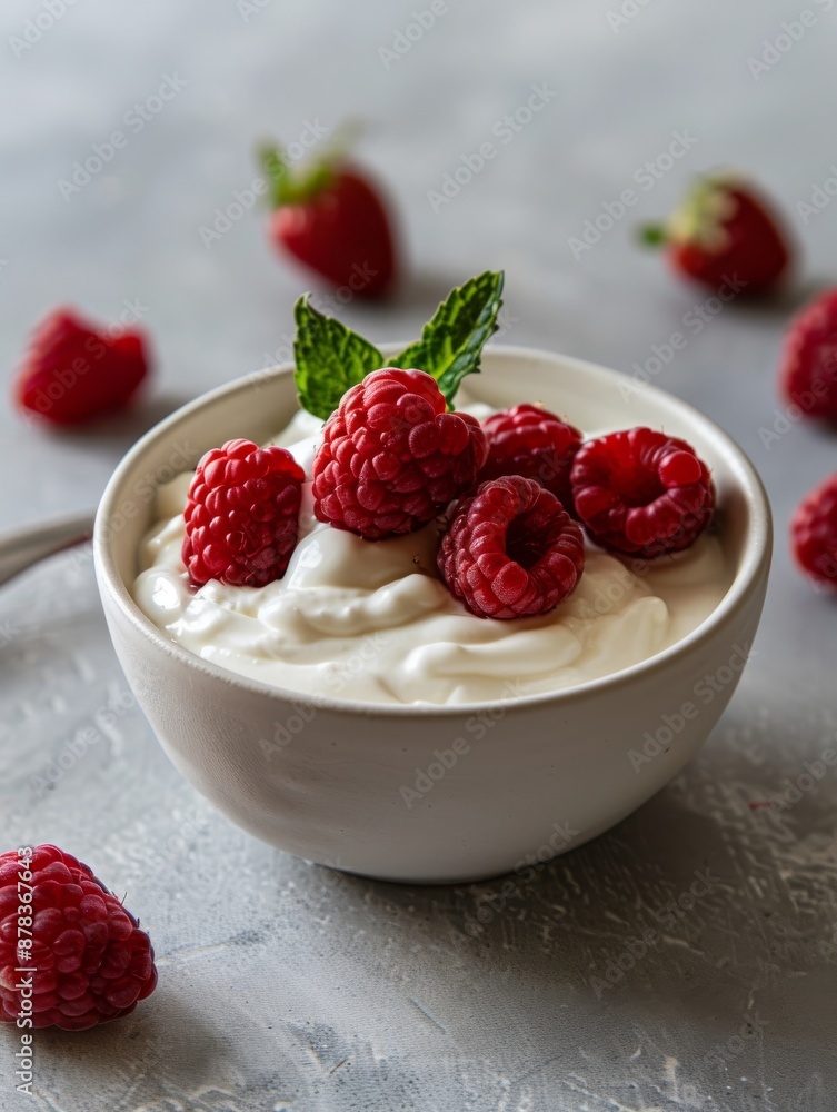 A bowl of creamy yogurt topped with fresh raspberries and mint leaves. A bowl of creamy yogurt topped with fresh raspberries and mint leaves.