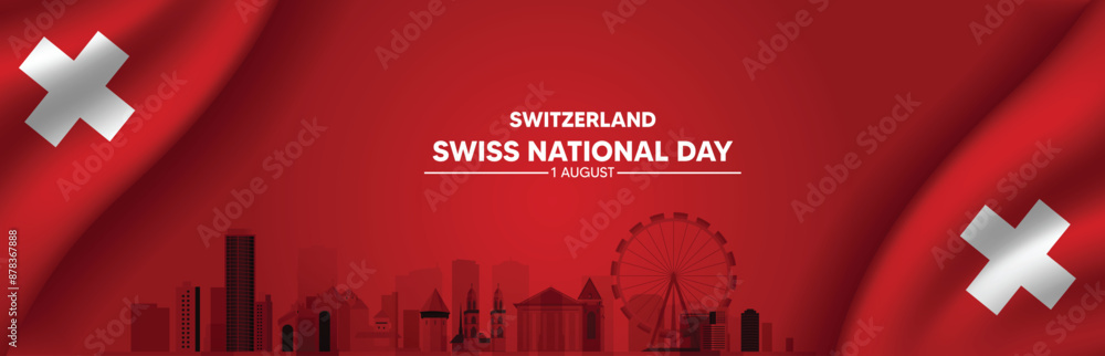 Φωτογραφία Swiss National day 1 August Switzerland flag with cityscape vector poster