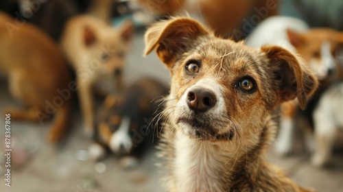 A brown and white dog with blue eyes looks up with a hopeful expression, surrounded by other dogs in the background.