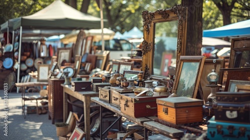 A bustling flea market with antique furniture, trinkets and vintage decor.