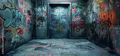 abandon Urban elevator with graffiti-covered walls and a smooth stone floor, offering an edgy background  photo