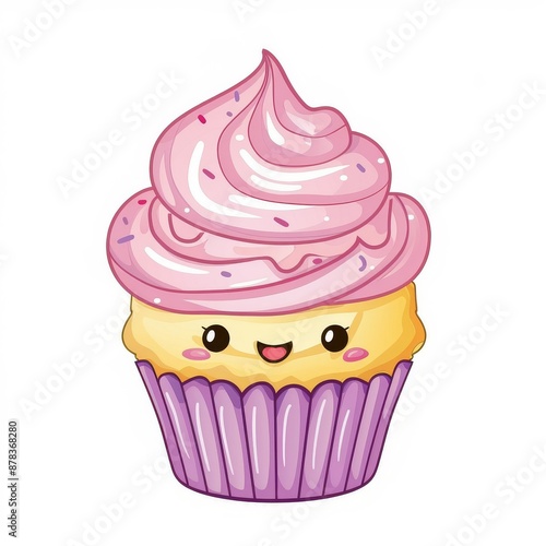A cheerful cupcake with pink frosting and sprinkles, smiling with kawaii eyes.