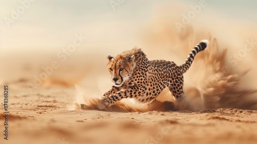 A cheetah runs through the desert sand, kicking up a cloud of dust behind it.