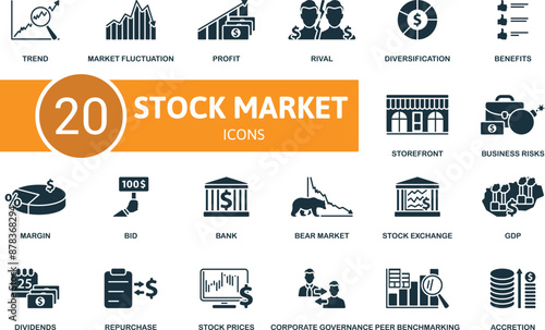 Stock Market icon set. Trend, Market Fluctuation, Profit, Rival, Diversification, Benefits, Storefront, Business Risks, Margin, Bid icons and more