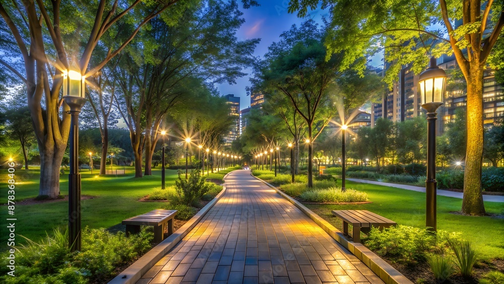 Fototapeta premium Illuminated park pathway amidst lush greenery and towering buildings