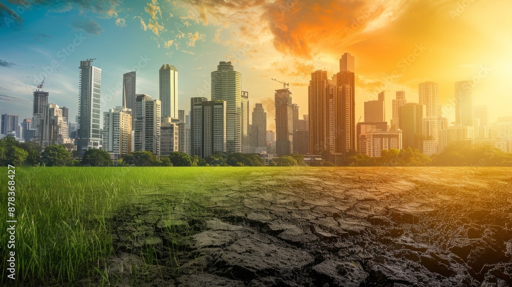 A cityscape with a vibrant green field in the foreground juxtaposed with cracked, dry earth in the background. A cityscape with a vibrant green field in the foreground juxtaposed with cracked, dry earth in the background.