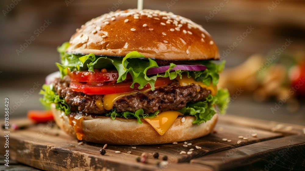 Delicious Hamburger with Cheese, Lettuce, Tomato, and Onion on a White Bun Delicious Hamburger with Cheese, Lettuce, Tomato, and Onion on a White Bun