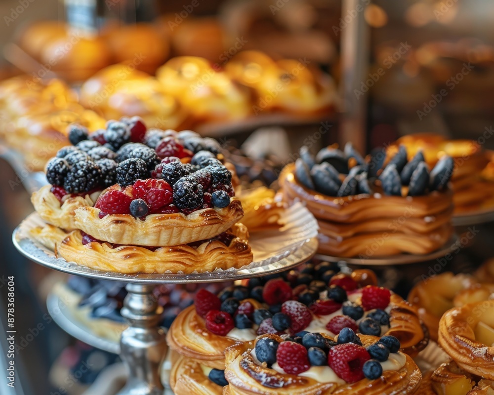 A close-up of a bakery display with a variety of pastries, including tarts with berries and cream. A close-up of a bakery display with a variety of pastries, including tarts with berries and cream.