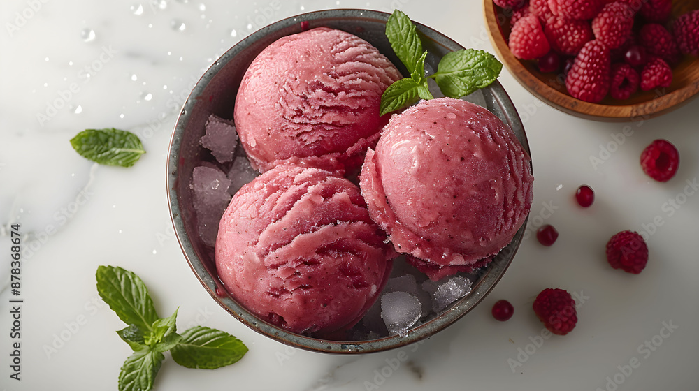 Top view of three scoops of raspberry sorbet are served in a bowl with ice and a sprig of mint. Top view of three scoops of raspberry sorbet are served in a bowl with ice and a sprig of mint.
