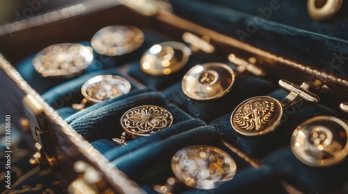 A close-up of a collection of cufflinks in a velvet-lined box.