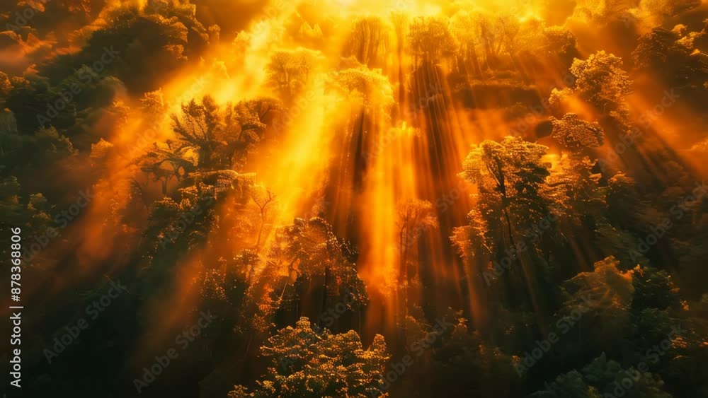 Aerial view of a forest at sunrise with sun rays breaking through the trees Aerial view of a forest at sunrise with sun rays breaking through the trees