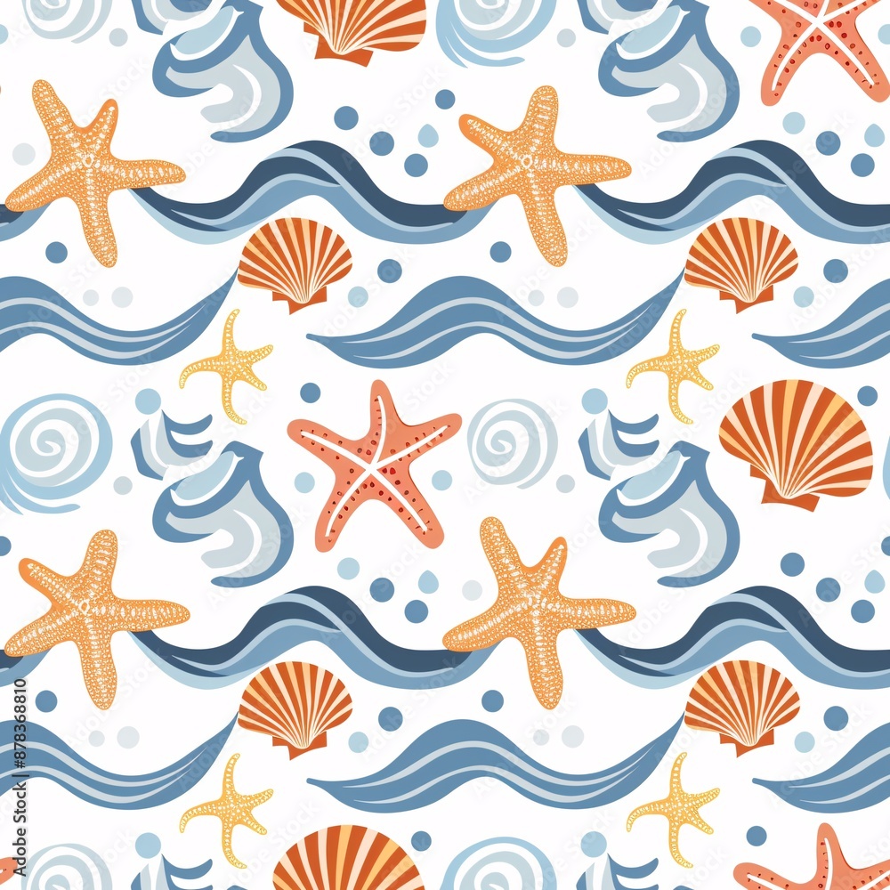 A seamless pattern featuring beach and ocean elements such as starfish, seashells, and waves, arranged in a relaxing and summery layout A seamless pattern featuring beach and ocean elements such as starfish, seashells, and waves, arranged in a relaxing and summery layout