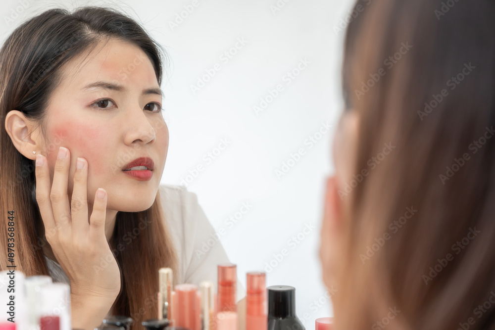 Young woman asian are worried about faces Dermatology and allergic to steroids in cosmetics. sensitive skin, red face from sunburn, acne, allergic to chemicals, rash on face. skin problems and beauty Young woman asian are worried about faces Dermatology and allergic to steroids in cosmetics. sensitive skin, red face from sunburn, acne, allergic to chemicals, rash on face. skin problems and beauty