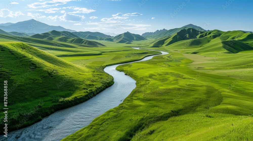 A breathtaking landscape of rolling green hills under a clear blue sky, with a meandering river flowing through the valley A breathtaking landscape of rolling green hills under a clear blue sky, with a meandering river flowing through the valley