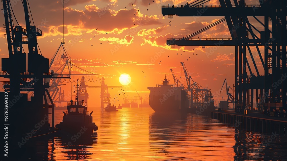 Silhouette of cargo being lifted by cranes at a busy shipping dock, sun setting over the water Silhouette of cargo being lifted by cranes at a busy shipping dock, sun setting over the water