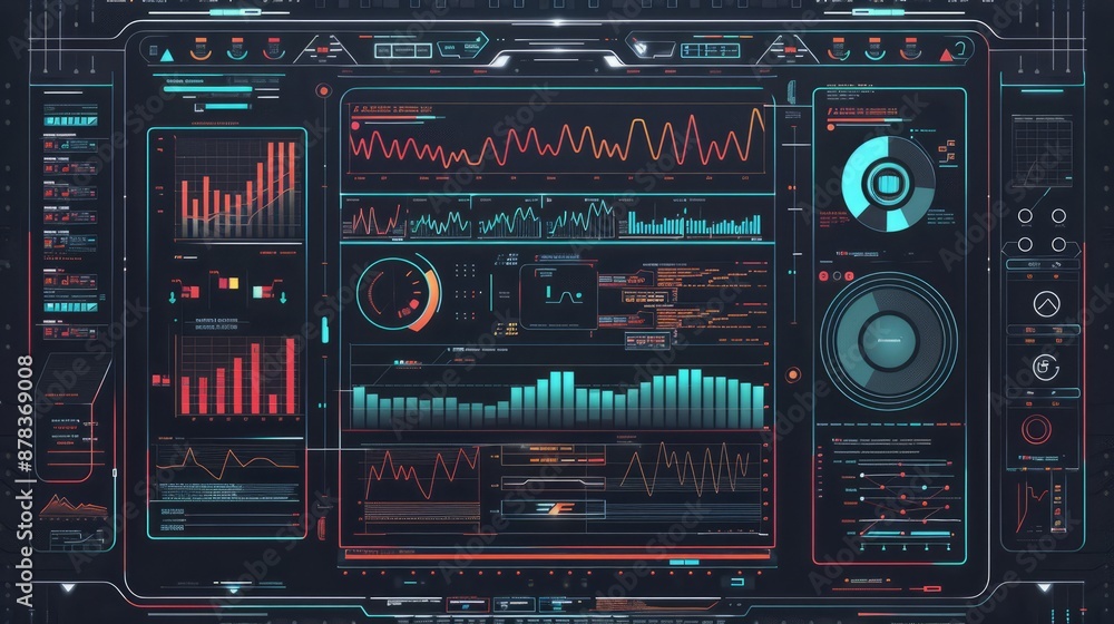 futuristic computer screen displaying a vast amount of data, such as lines of code, charts, and graphs futuristic computer screen displaying a vast amount of data, such as lines of code, charts, and graphs