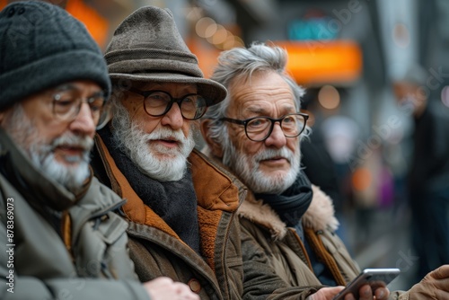 Three elderly men with beards and glasses, warmly dressed, sitting closely together outdoors, sharing a moment of joy and camaraderie, one holding a smartphone. © Nena Ai