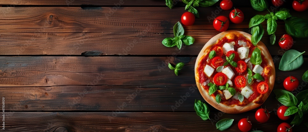Fresh Margherita Pizza with Cherry Tomatoes and Basil on Rustic Wooden Table Fresh Margherita Pizza with Cherry Tomatoes and Basil on Rustic Wooden Table
