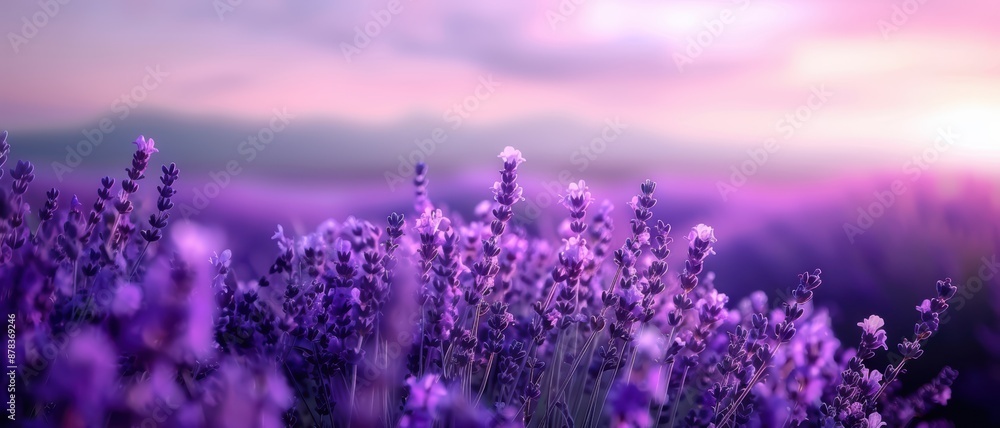 Naklejka premium Stunning Lavender Field at Sunset with Vibrant Purple Flowers and Soft Pastel Sky