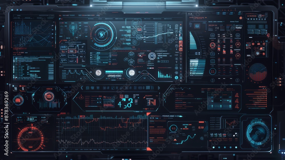 futuristic computer screen displaying a vast amount of data, such as lines of code, charts, and graphs futuristic computer screen displaying a vast amount of data, such as lines of code, charts, and graphs