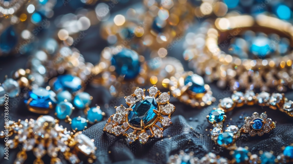 A close-up shot of sparkling blue jewels and gold settings on a dark background. A close-up shot of sparkling blue jewels and gold settings on a dark background.