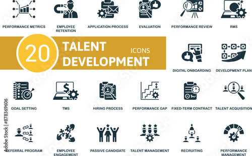 Talent Development icon set. Performance Metrics, Employee Retention, Application Process, Evulation, Performance Review, Rms, Digital Onboarding, Development Plan, Goal Setting, Tms icons and more