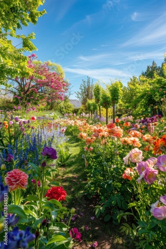 A lush spring garden in full bloom with vibrant flowers and a clear blue sky.