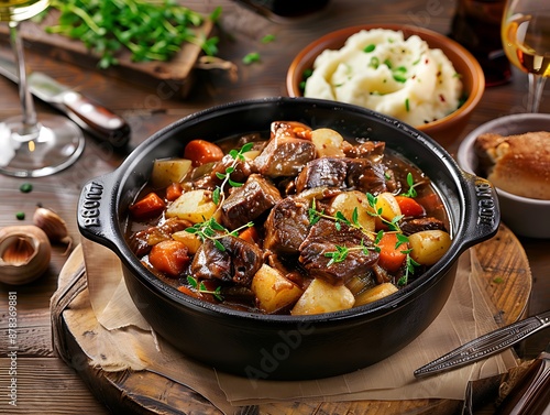 Close-up of a hearty French boeuf bourguignon, served in a rustic pot with a side of mashed potatoes, on a wooden table in a cozy restaurant, surrounded by charming decor and soft lighting.