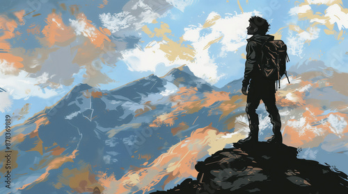 Hiker Standing on Mountain Peak with Scenic Sky Background