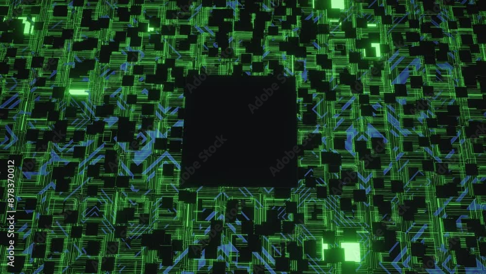 4k looped animation. 3d objects form sci fi composition on surface 3d pattern. Hi tech pattern on plane surface, neon glow, complex elements and structure. Information technology, futuristic hardware 4k looped animation. 3d objects form sci fi composition on surface 3d pattern. Hi tech pattern on plane surface, neon glow, complex elements and structure. Information technology, futuristic hardware