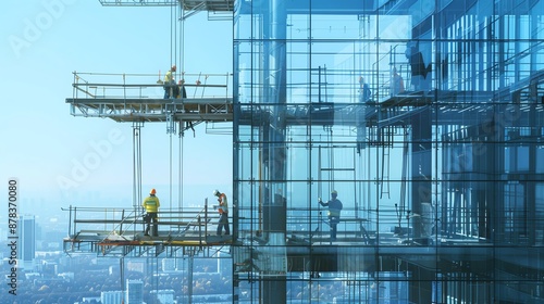 Construction of a high-tech office building with workers using advanced tools, glass and steel architecture, city background