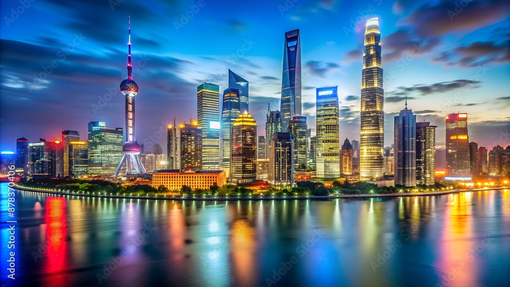 Fototapeta premium Shanghai skyline illuminated at night with reflection on river