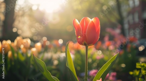 A close-up of a single, vibrant tulip in a spring garden