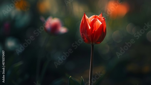 A close-up of a single, vibrant tulip in a spring garden