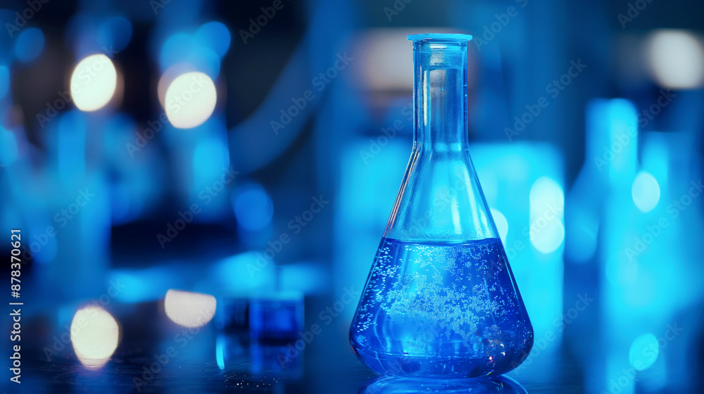 An illuminated science lab flask with blue liquid and bubbles on a bokeh background. An illuminated science lab flask with blue liquid and bubbles on a bokeh background.