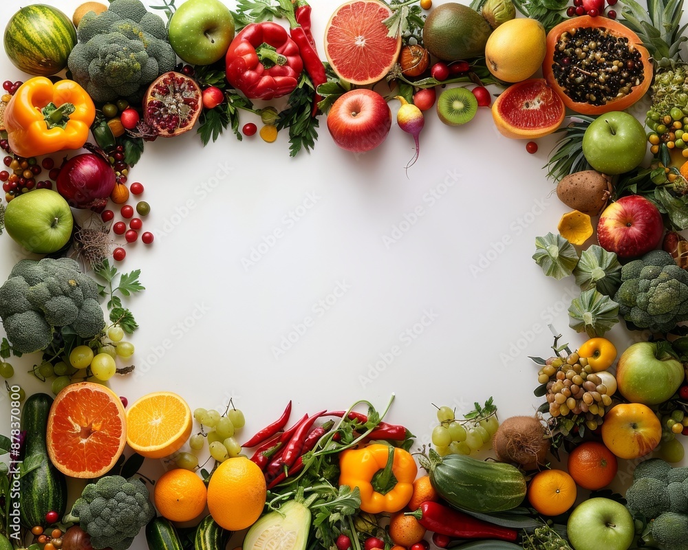 A colorful frame of fresh fruits and vegetables surrounding a blank white space. A colorful frame of fresh fruits and vegetables surrounding a blank white space.