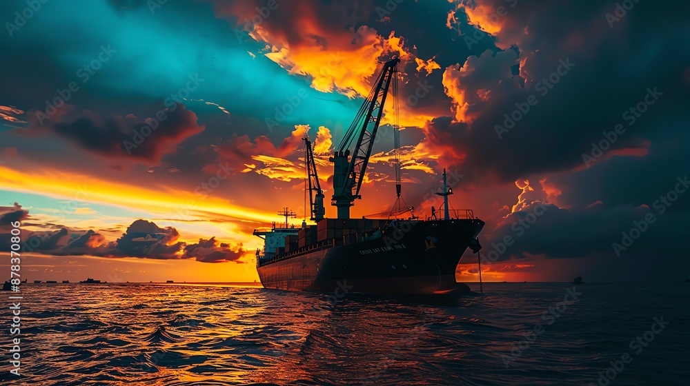 Silhouette of a cargo ship at sea, cranes lifting containers, dramatic sunset sky Silhouette of a cargo ship at sea, cranes lifting containers, dramatic sunset sky