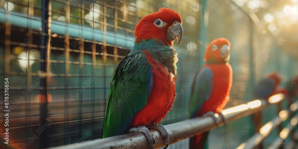 Obraz premium Eclectus Parrots in exotic animal pet farm, cute colorful bird in bird cage with morning sunlight, 