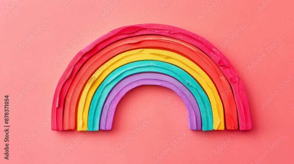 Fototapeta premium A colorful rainbow made from playdough, arranged on a pink background.