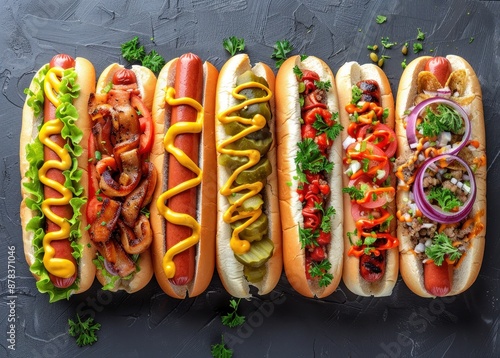 Assorted gourmet hot dogs with various toppings