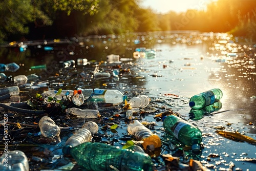 Polluted River with Plastic Waste at Sunset photo