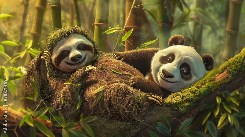 Obraz premium A sloth and a panda relaxing together in a bamboo forest