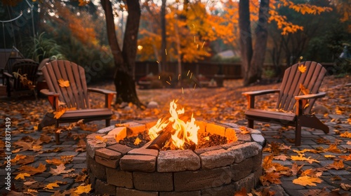 A cozy fire pit with two chairs in a fall forest setting.