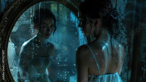 Enchanting Reflections: Young woman by mystical mirror revealing parallel magical world.