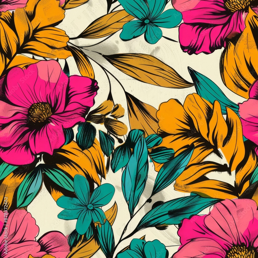 Vibrant Tropical Floral Pattern with Lush Flowers and Leaves Vibrant Tropical Floral Pattern with Lush Flowers and Leaves