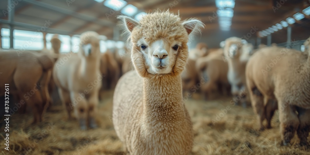 Obraz premium Alpacas standing in a modern farm, livestock industry,