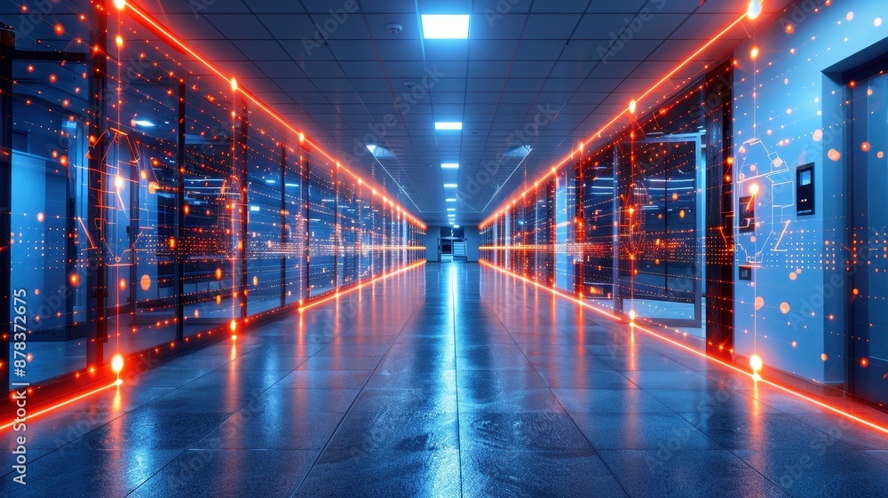 Fototapeta premium Futuristic data center corridor with glowing red lines and servers on both sides, symbolizing advanced technology and network infrastructure.
